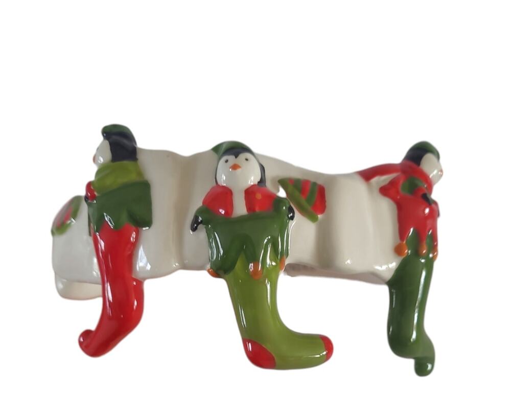 Yankee Candle Ring Jar Topper Penguin Christmas Holiday Stocking Ceramic Rare